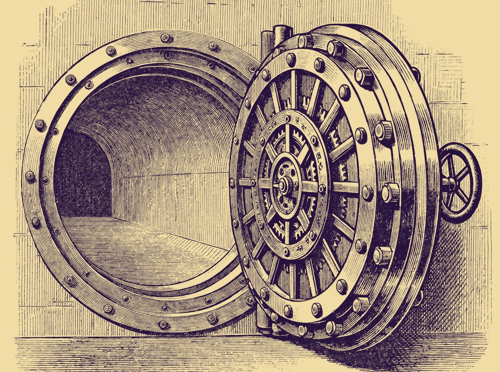 Engraving of a heavy round vault door standing open, its bolts and dial in detail.