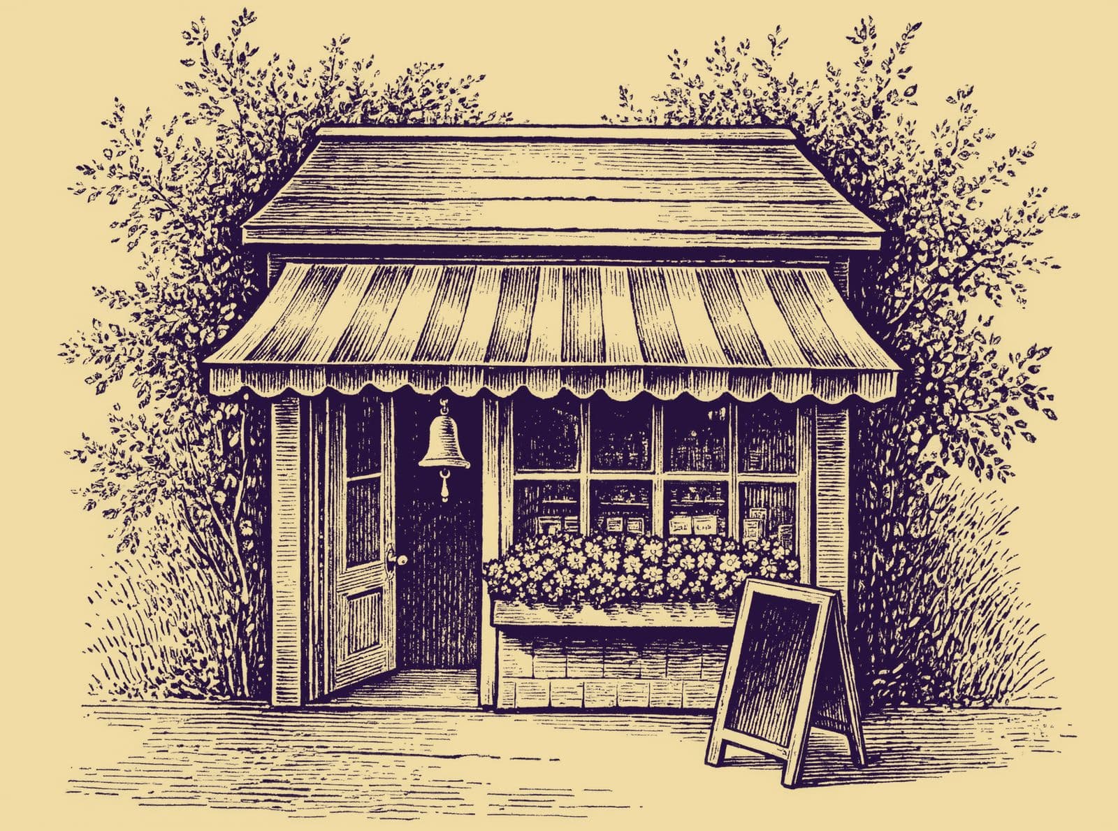 Engraving of a small corner shop with a striped awning, an open door, a bell and a blank chalkboard.