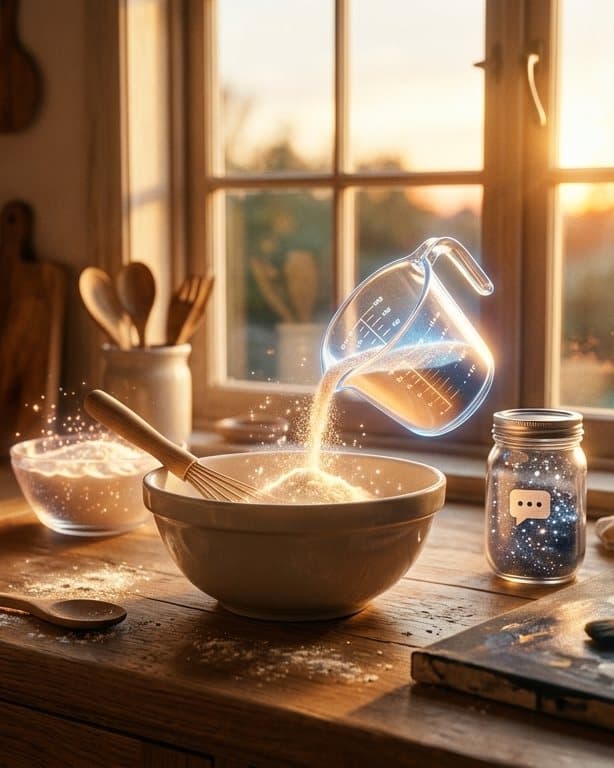 The AI Cookbook cover: a mixing bowl and a measuring cup pouring light in a sunlit kitchen.