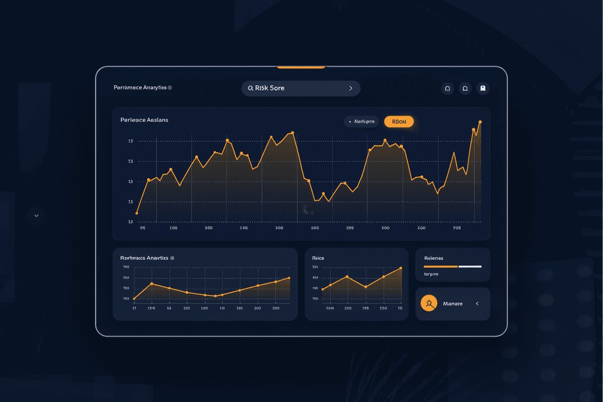 The VeloxSync dashboard on a dark screen: a wide amber trend line tracking a performance signal over time, a risk score search field above it, and two smaller trend charts and a status meter below.