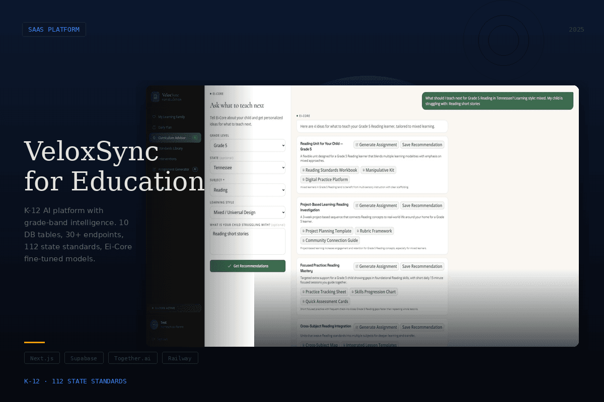 The VeloxSync for Education planner on a laptop screen, with a week of lesson blocks laid out per child.
