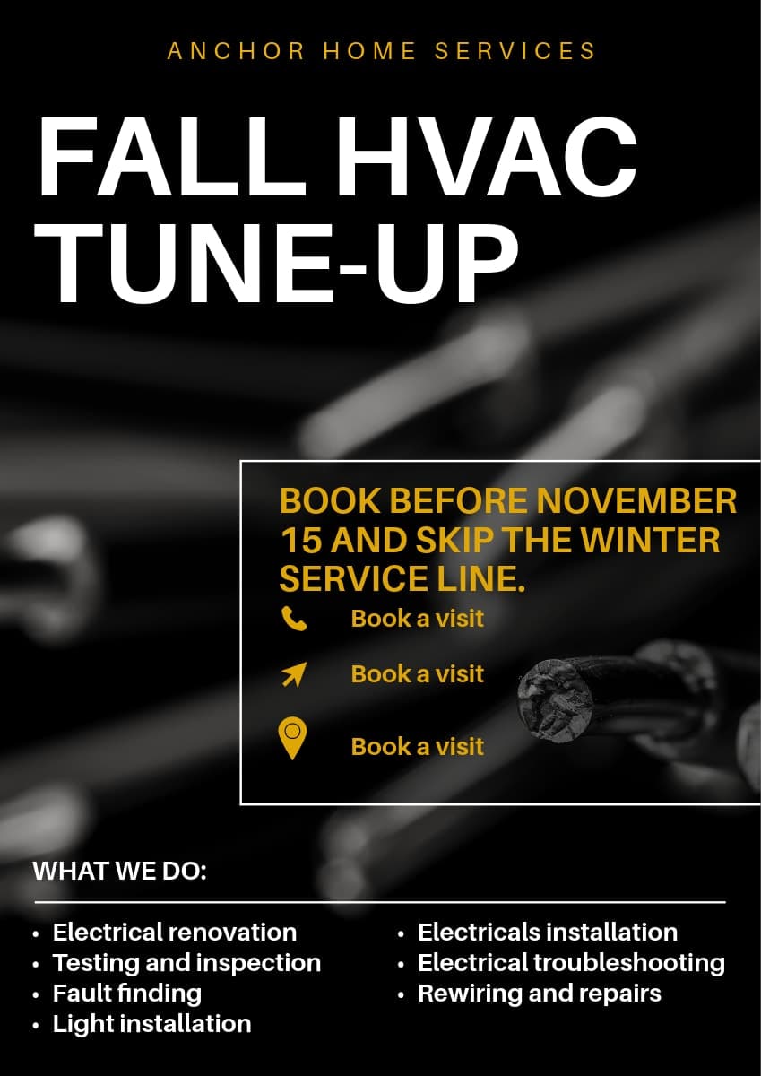 Anchor Home Services fall HVAC tune-up flyer, listing electrical and HVAC services on a black background.