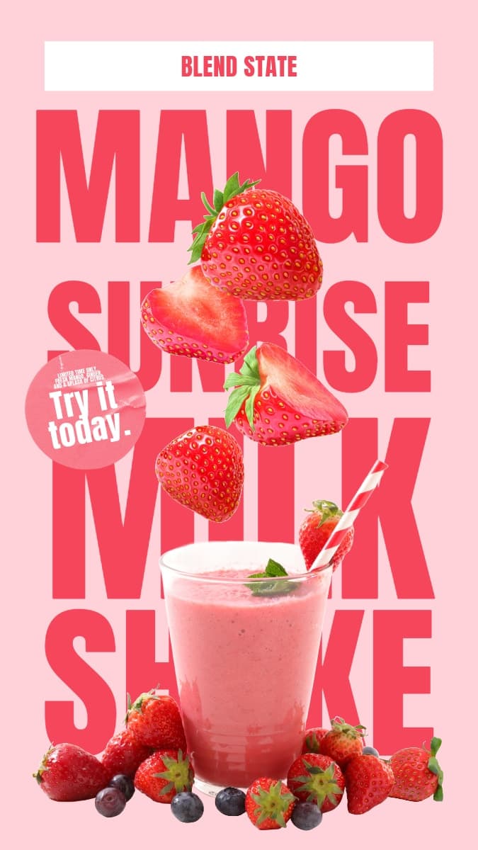 Blend State mango sunrise milkshake flyer, with strawberries and a smoothie glass on a pink background.