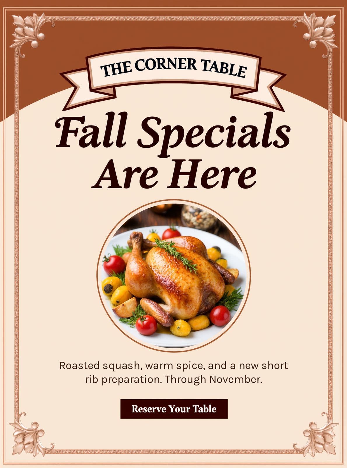 Salsa Soiree at The Corner Table fall specials flyer, with a plated dish and a reserve your table box.