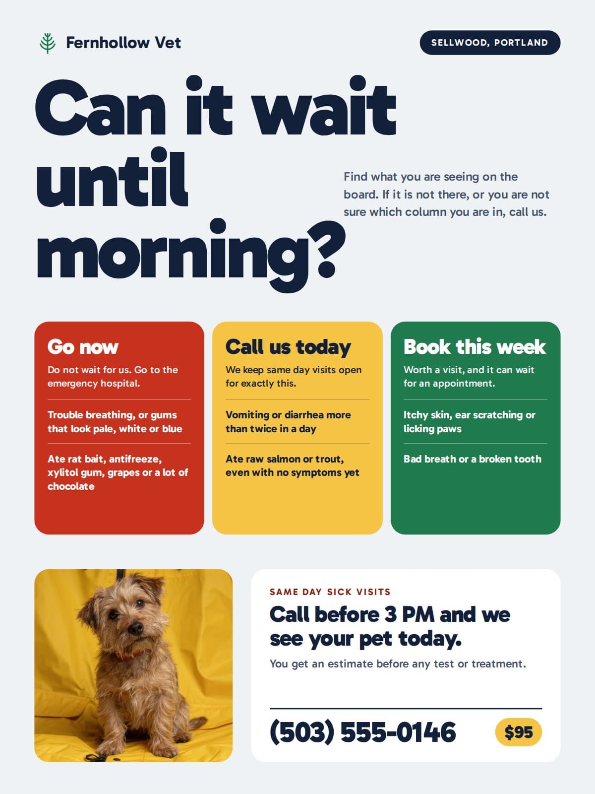 Fernhollow Veterinary Clinic flyer asking Can it wait until morning, with a red Go now column, a yellow Call us today column and a green Book this week column, a terrier on a yellow backdrop, and same day sick visits at $95.