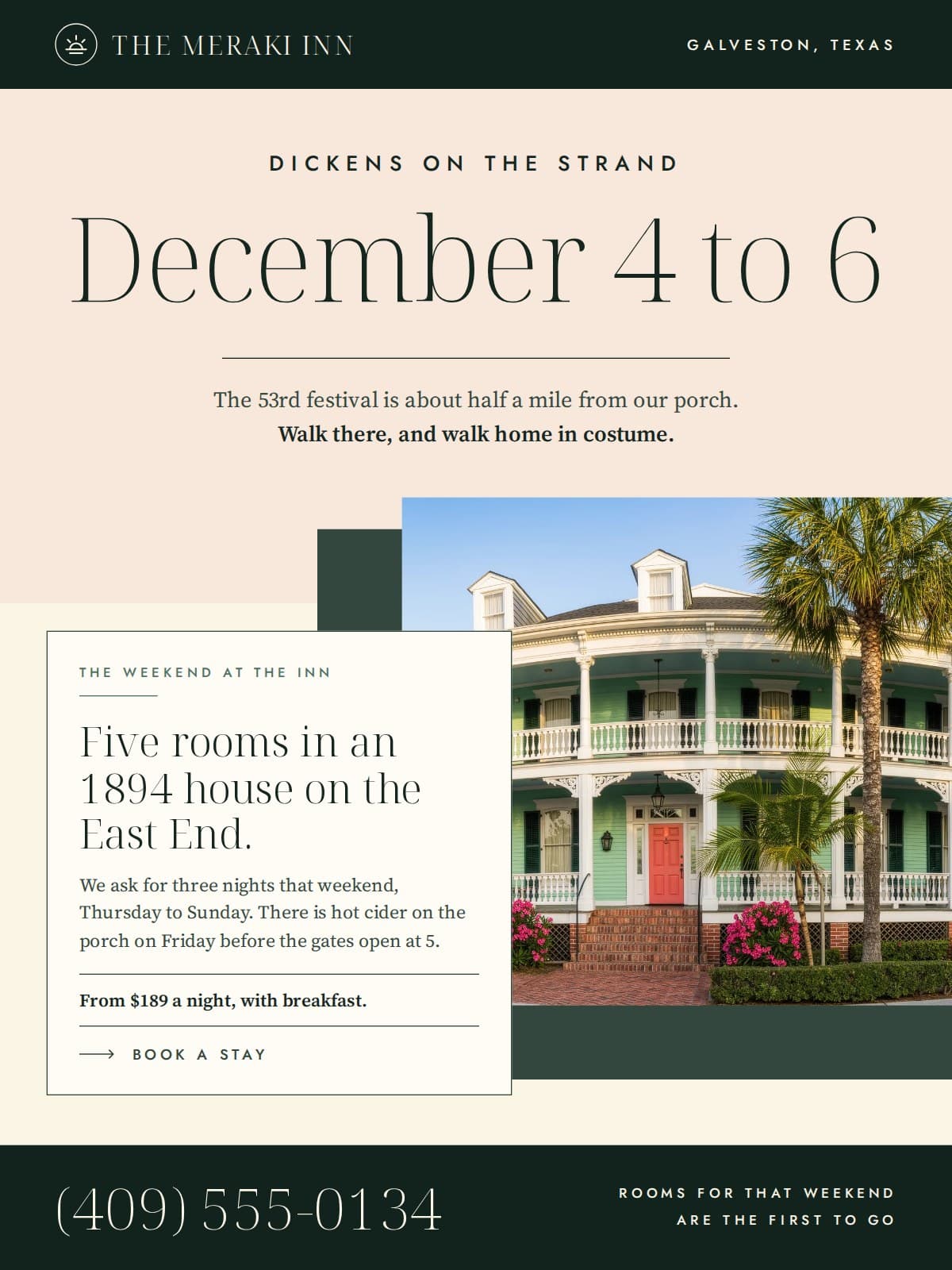 The Meraki Inn flyer for Dickens on The Strand, December 4 to 6, with the pale green Victorian inn behind a bordered card that reads Five rooms in an 1894 house on the East End, from $189 a night with breakfast.