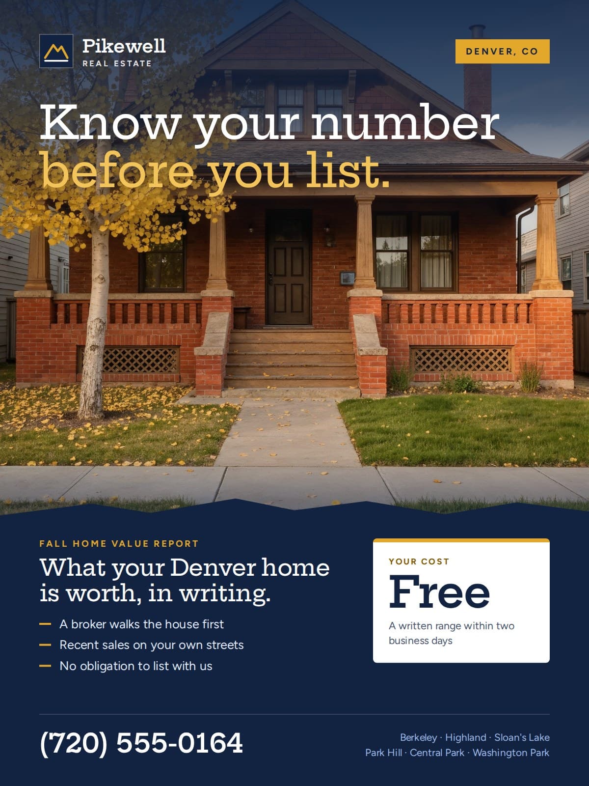 Pikewell Real Estate fall home value report flyer, a brick Denver bungalow beside a gold aspen under the headline Know your number before you list, with a free written report in two business days.