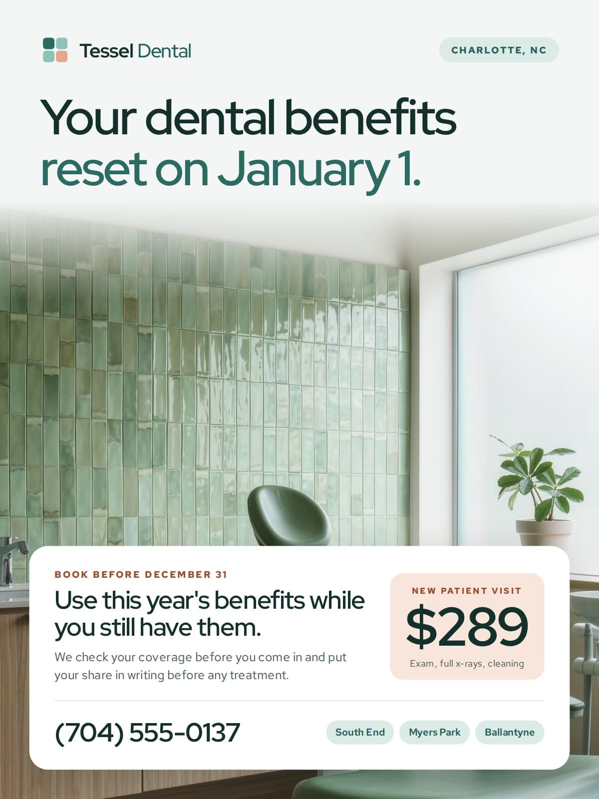 Tessel Dental year-end benefits flyer, a green tiled treatment room under the headline Your dental benefits reset on January 1, with a $289 new patient visit and the three Charlotte neighborhoods it serves.