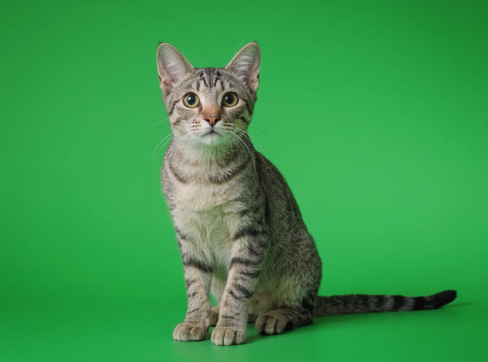 A grey tabby cat sitting upright against a green background, looking at the camera