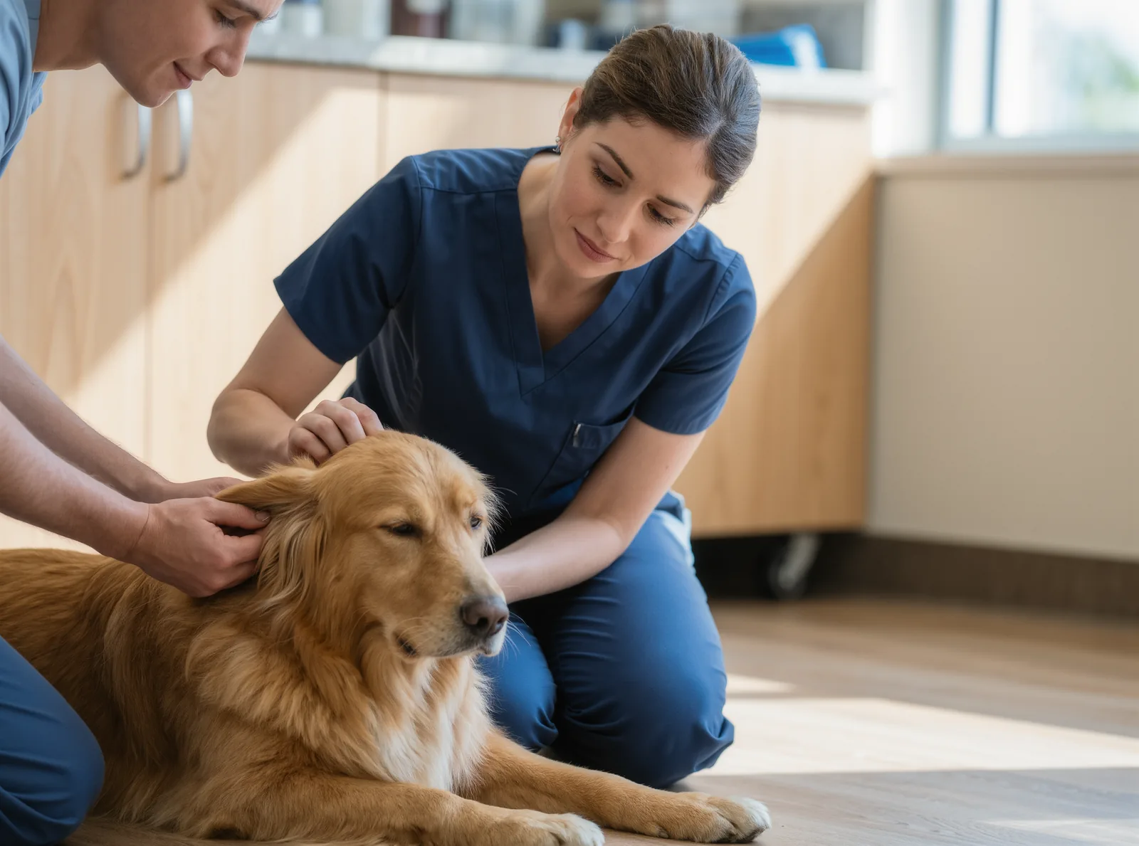 A veterinarian in navy scrubs kneeling on an exam room floor, looking into the ear of a calm golden retriever mix