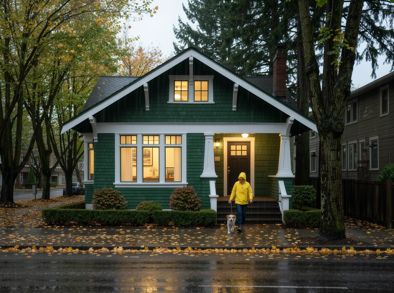 A green craftsman bungalow clinic on a rainy Sellwood street, with a person in a yellow rain jacket walking a dog toward the porch