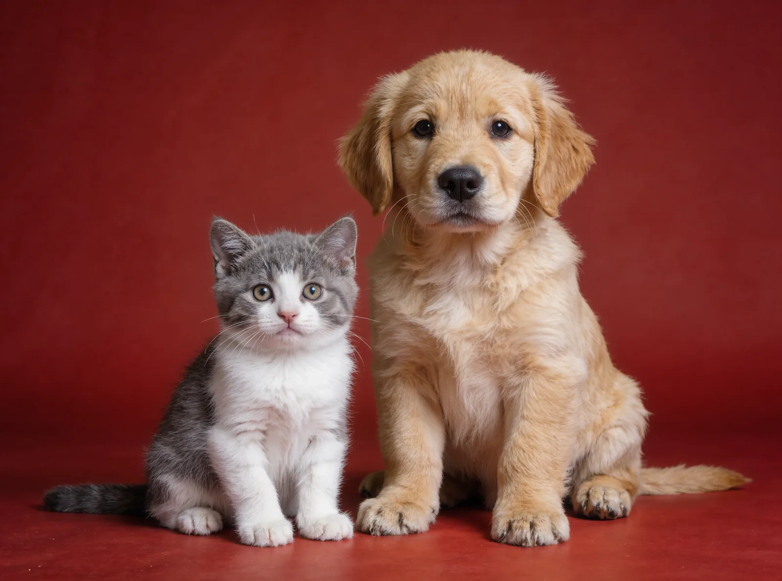A grey and white kitten sitting beside a golden retriever puppy against a red background