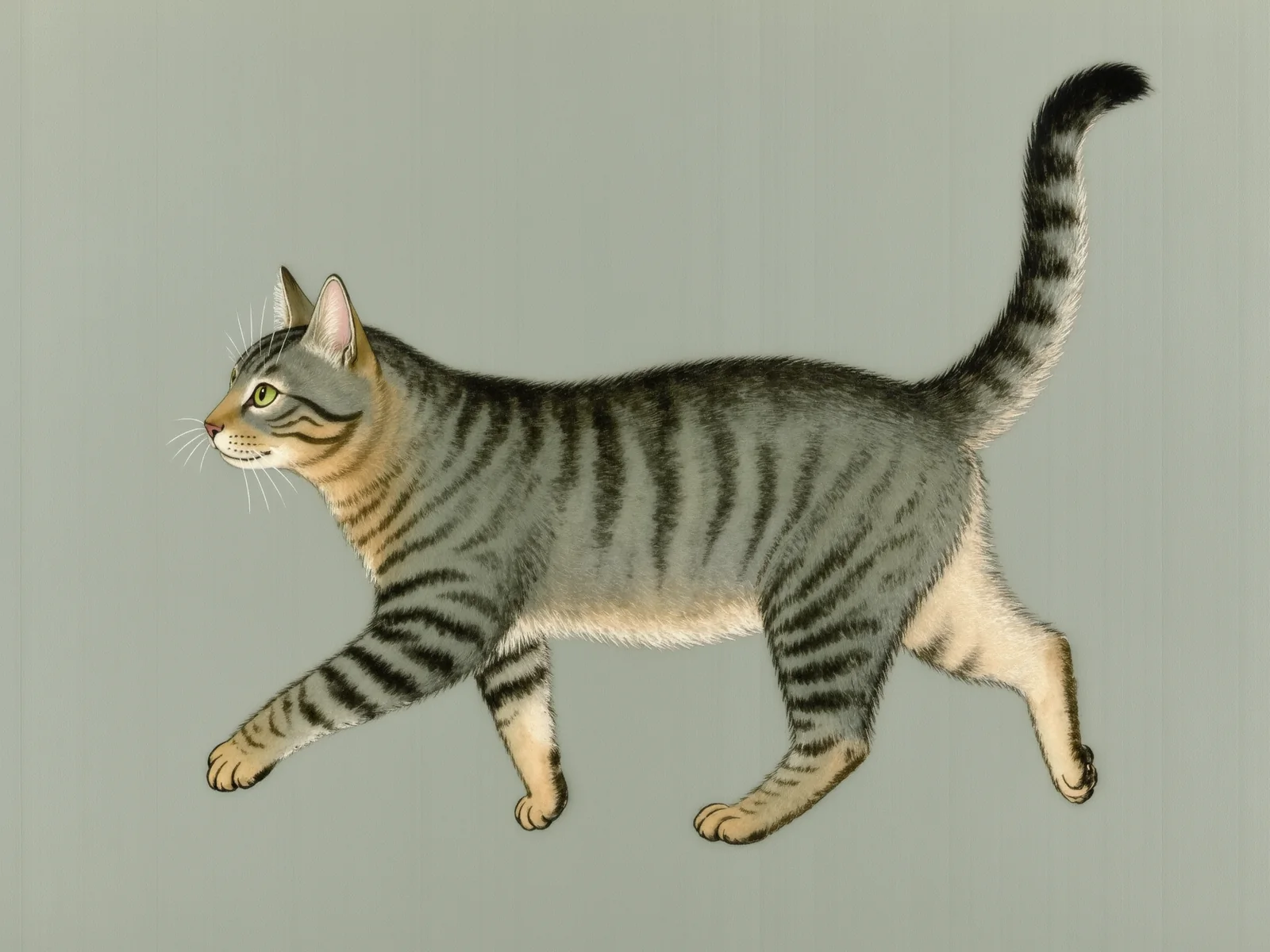 An illustration of a grey tabby cat walking in side profile, with five numbered points