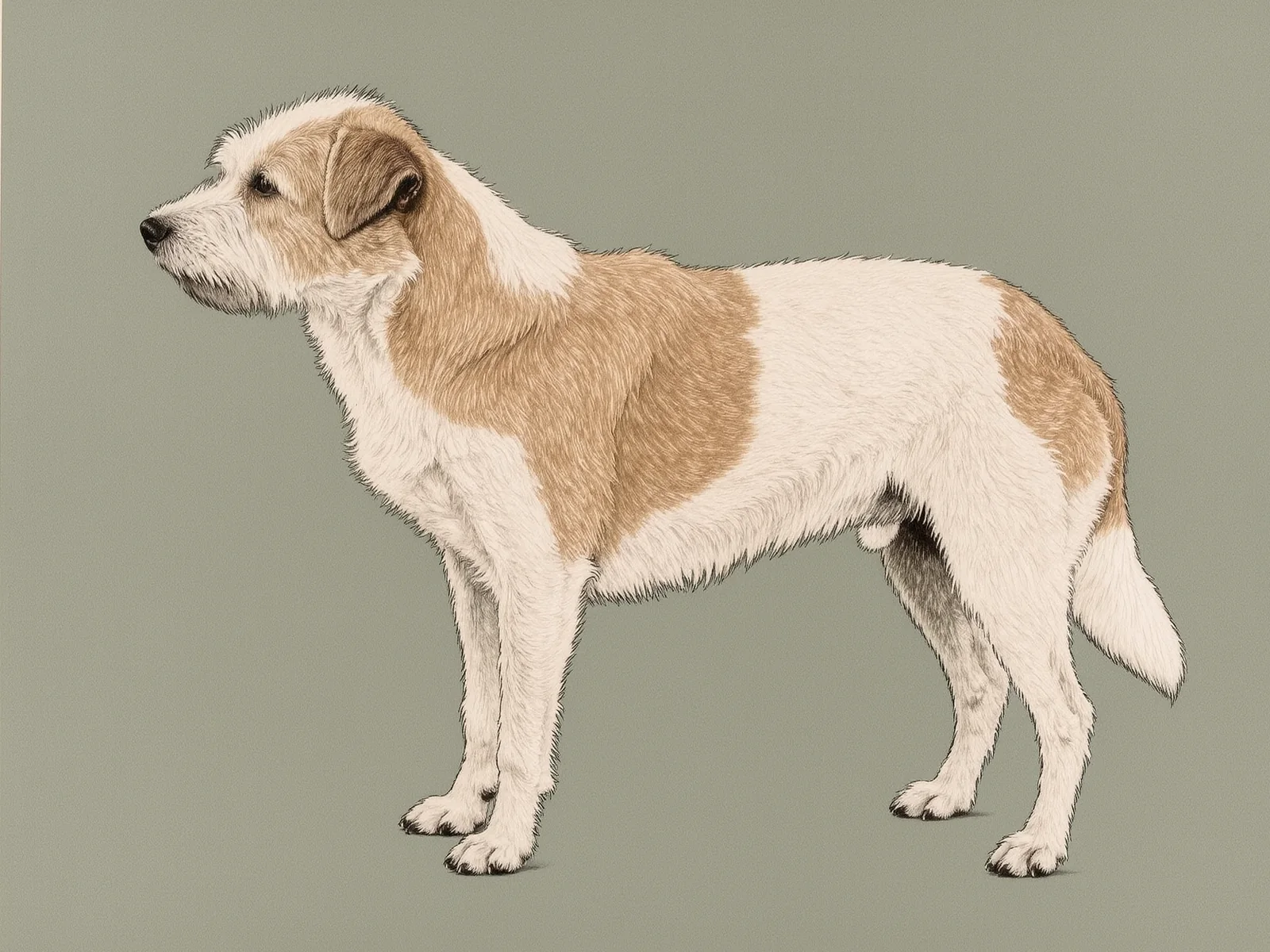 An illustration of a scruffy tan and white mixed breed dog in side profile, with five numbered points
