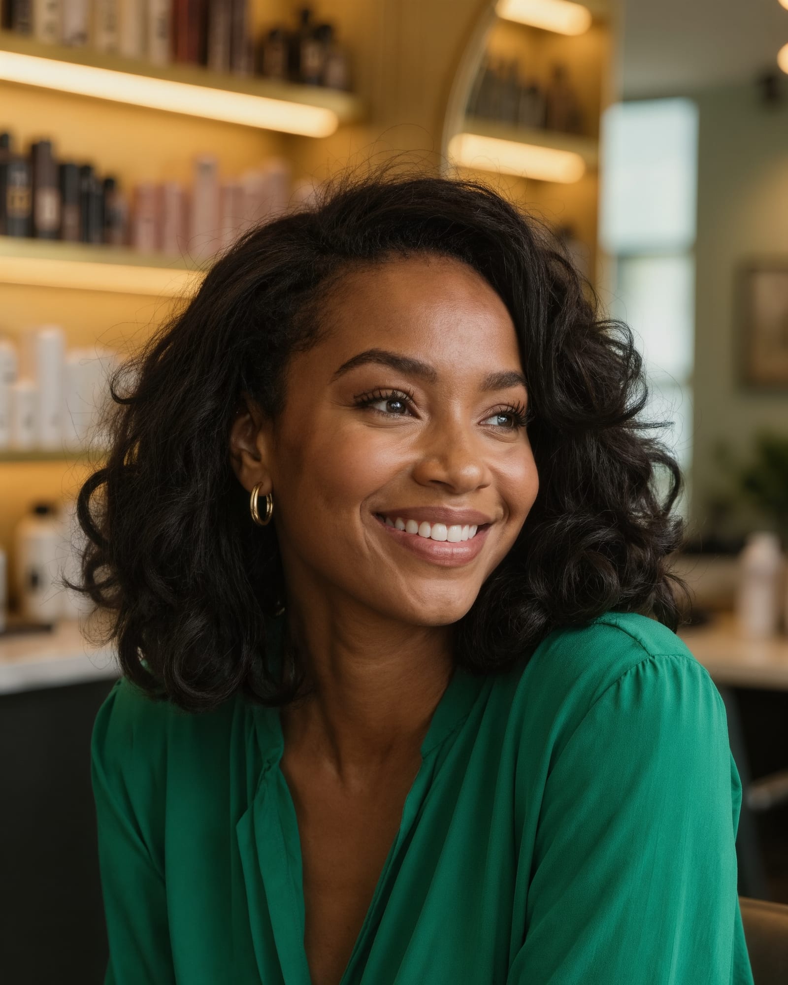 Danielle smiling and looking off camera, wearing a green blouse and gold hoop earrings, with salon shelving of product bottles lit warm behind her.