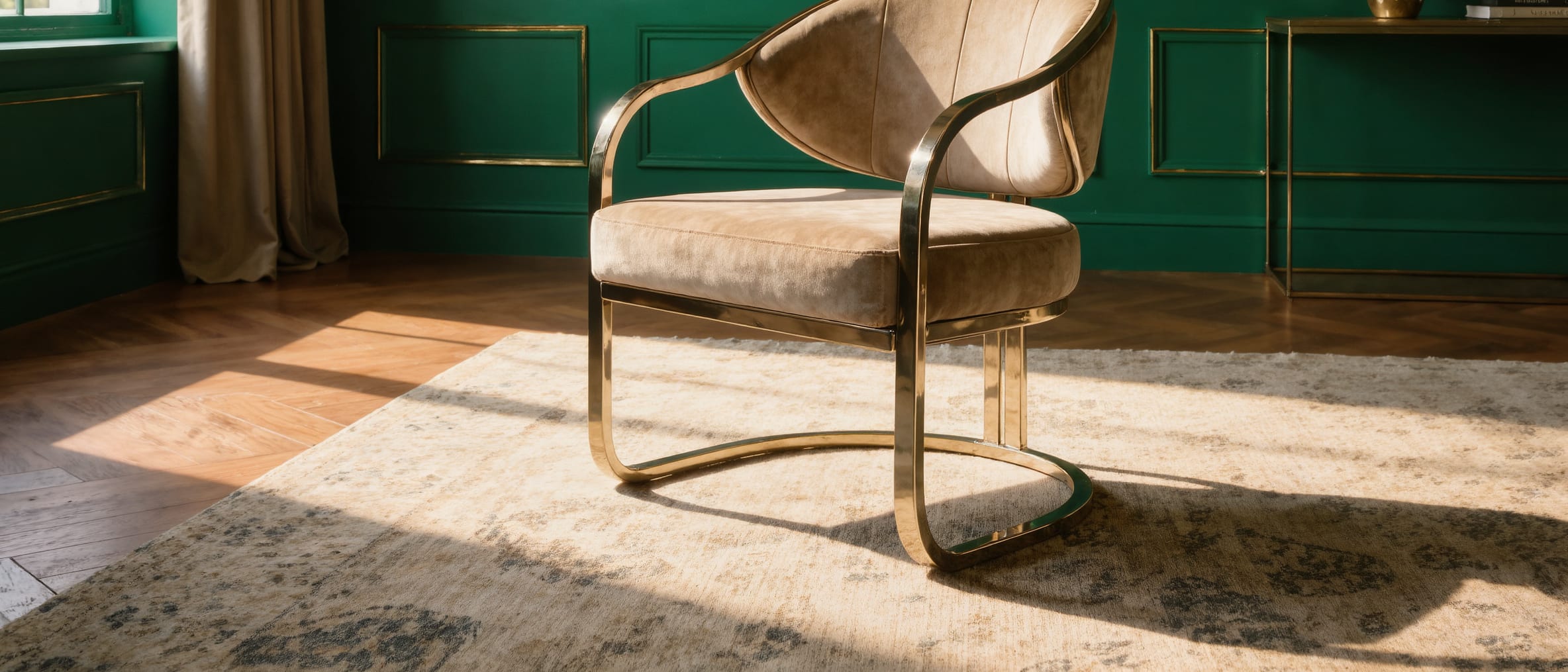 A tan leather and brass armchair centered in an emerald green, gold-trimmed parlor, afternoon sun crossing a patterned rug and a herringbone wood floor.