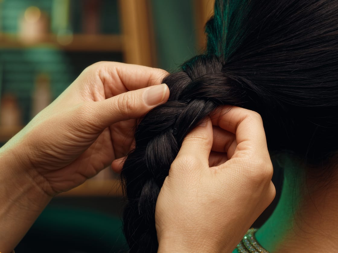 Close-up of two hands braiding dark hair into a single plait, salon shelving lit emerald green and blurred in the background.