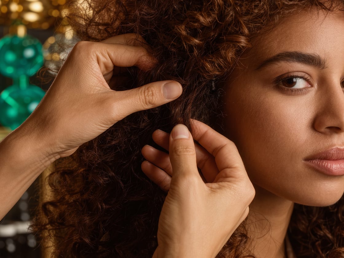 A stylist's hands parting a client's curly auburn hair, the client's face turned toward camera with soft green and gold light blurred behind.