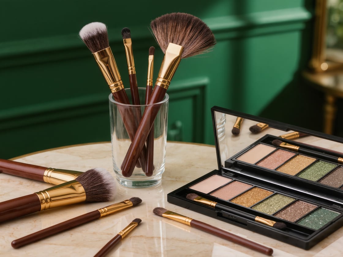 A fan of makeup brushes standing in a glass beside an open eyeshadow palette with a mirrored lid, on a marble table with a green cabinet behind.