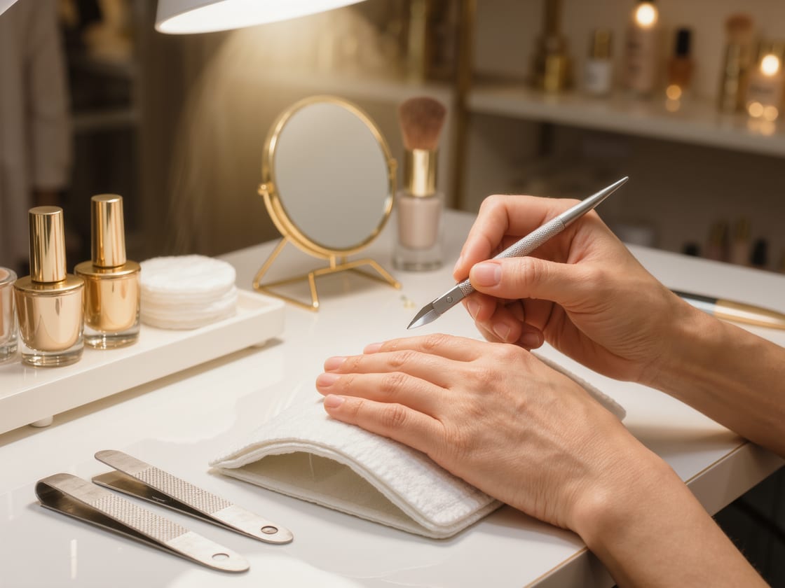 A manicurist's hands working on a client's nails at a white vanity with gold polish bottles, a round mirror, and nail tools laid out.