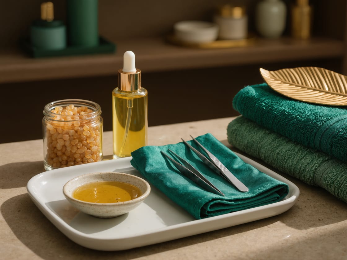 A spa tray holding a dropper bottle of facial oil, a jar of bath salts, rolled emerald green towels, and steel tools on a stone counter.