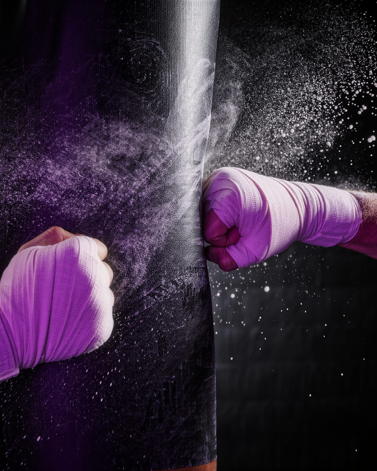 Two fists in violet hand wraps striking a heavy bag, chalk dust bursting off the impact into the dark.