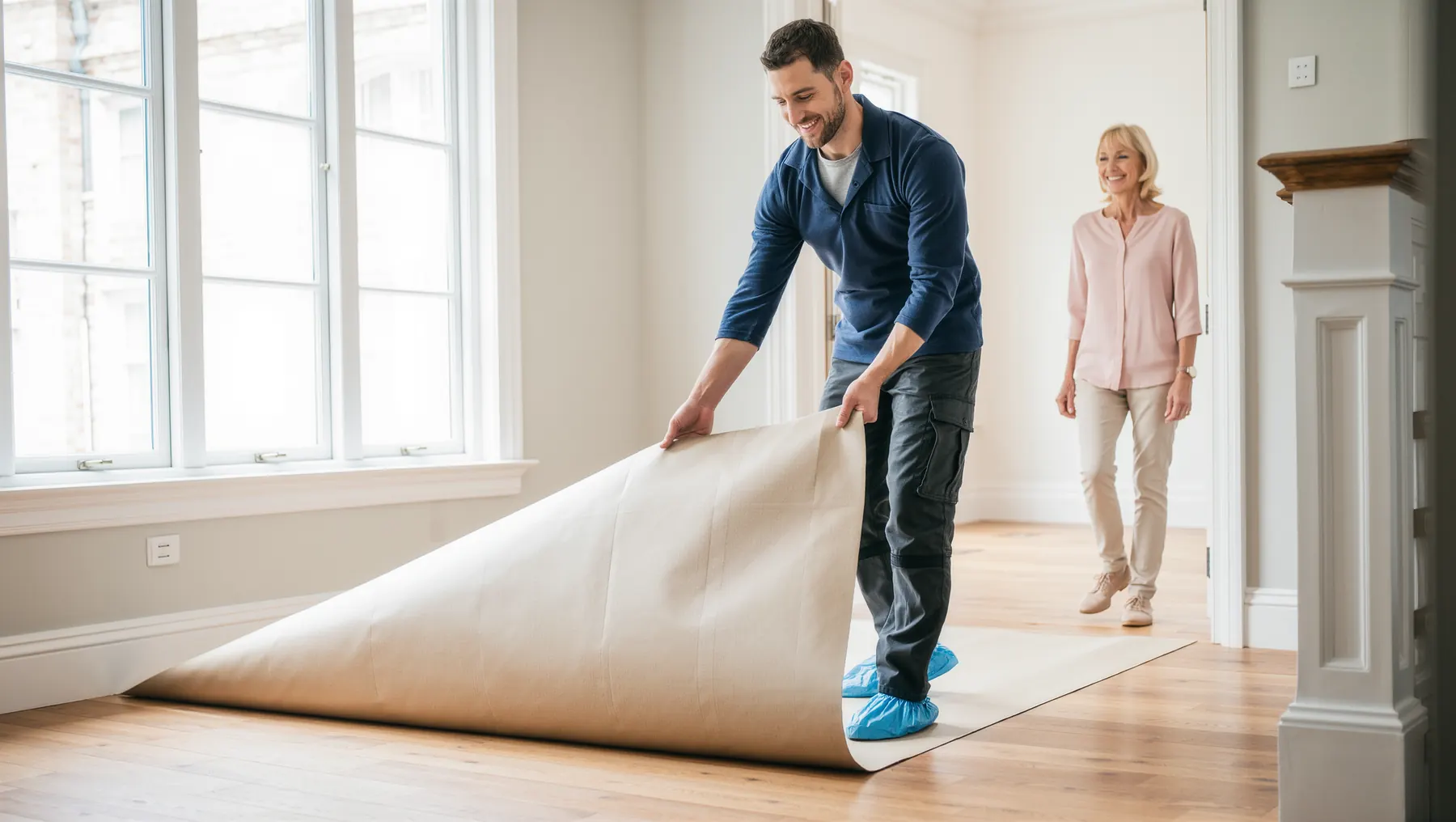 A Keelhouse technician laying a protective runner in a home's entryway