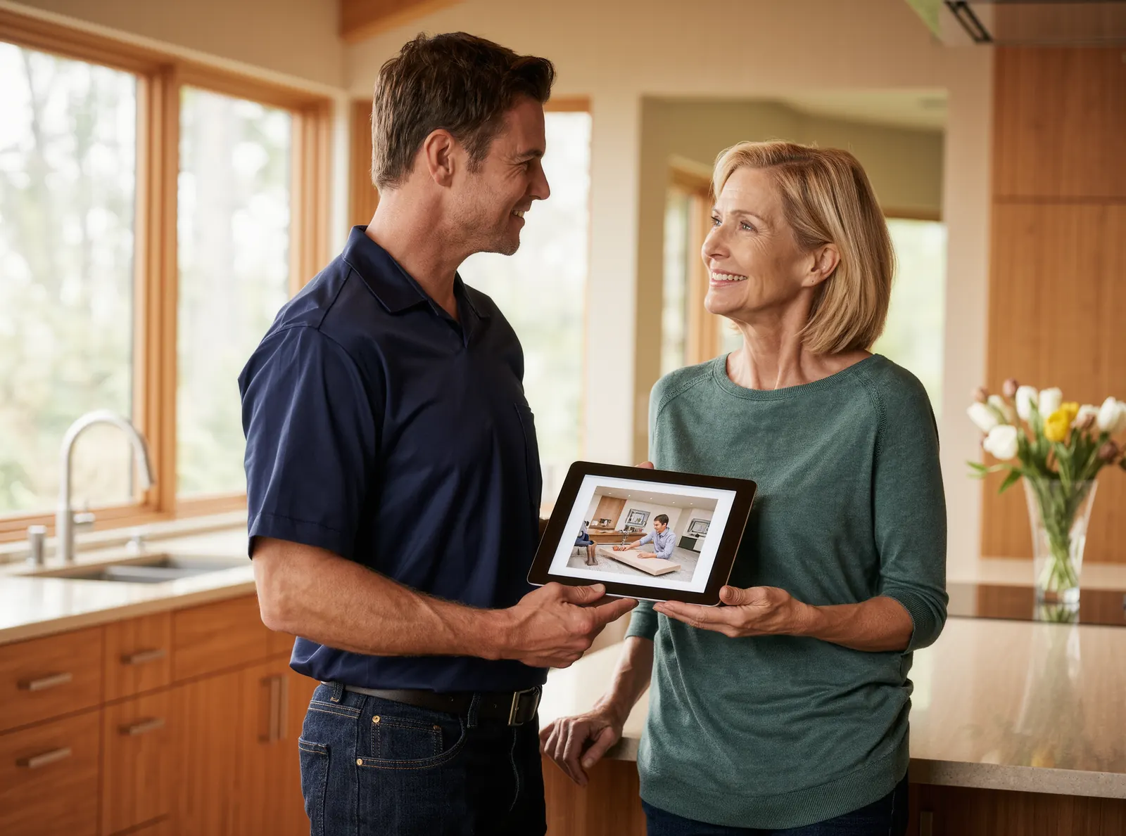 A Keelhouse technician showing a homeowner photos of the finished work on a tablet in her kitchen