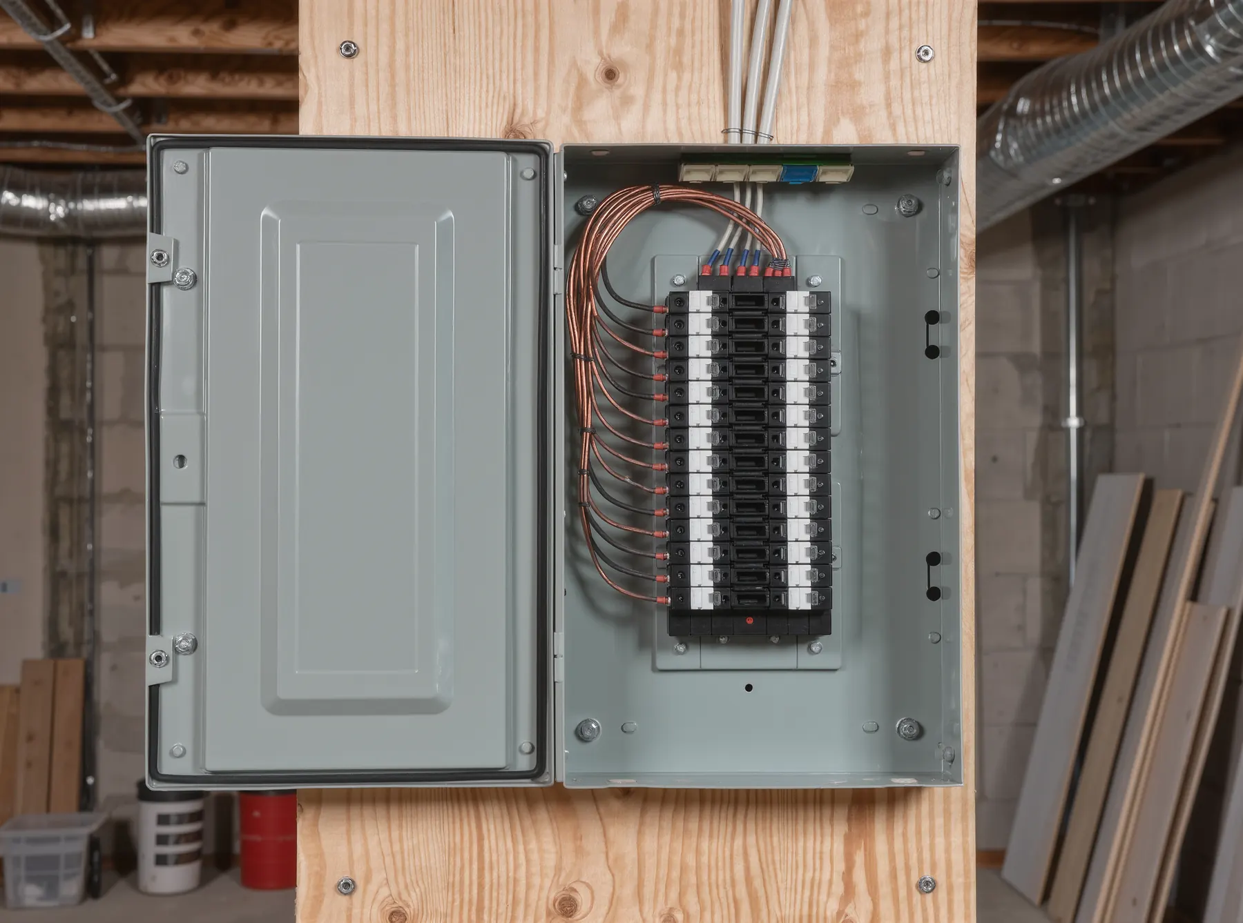 A newly installed 200 amp residential breaker panel in a basement