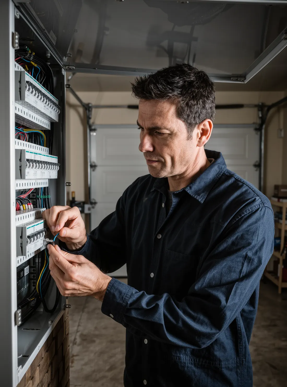 An electrician working inside a residential breaker panel