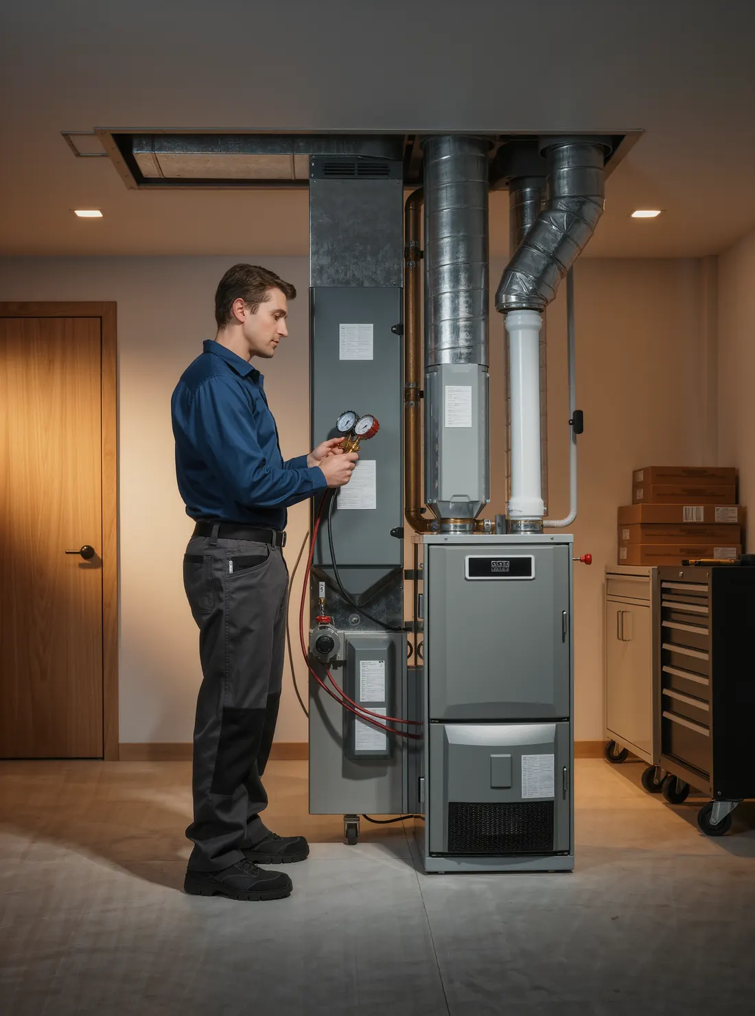 An HVAC technician checking a gas furnace with pressure gauges