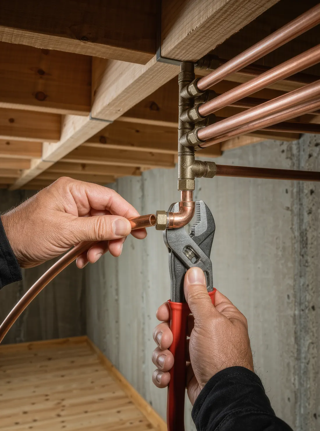 A plumber fitting new copper water lines in a basement