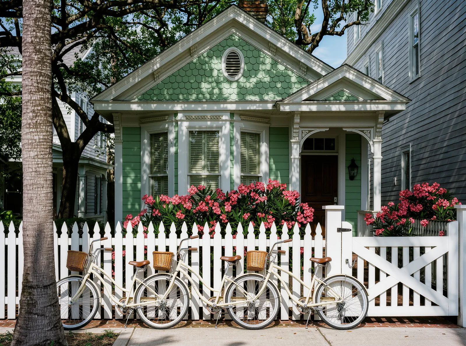 Three cream colored cruiser bicycles with wicker baskets leaning on a white picket fence in front of a green Victorian cottage, with pink oleander in bloom
