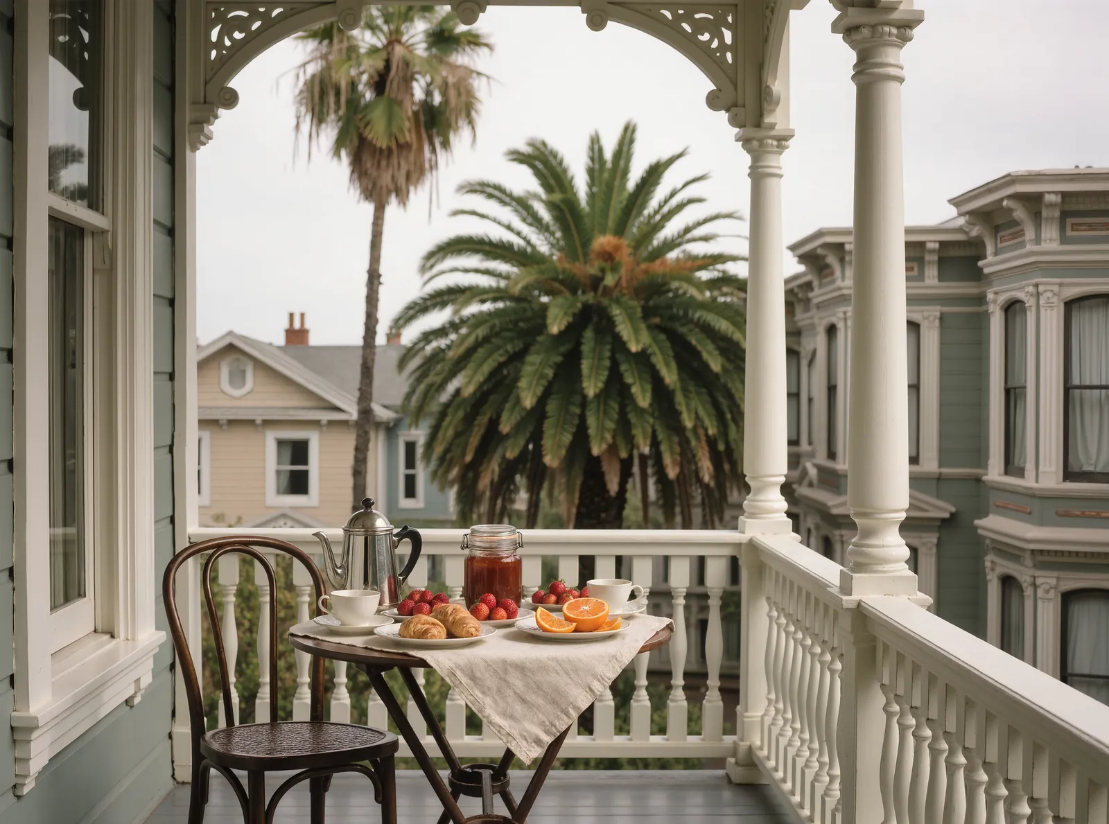 Breakfast set on the upstairs gallery porch: a coffee pot, pastries, fruit and preserves, with palms and Victorian houses beyond the railing