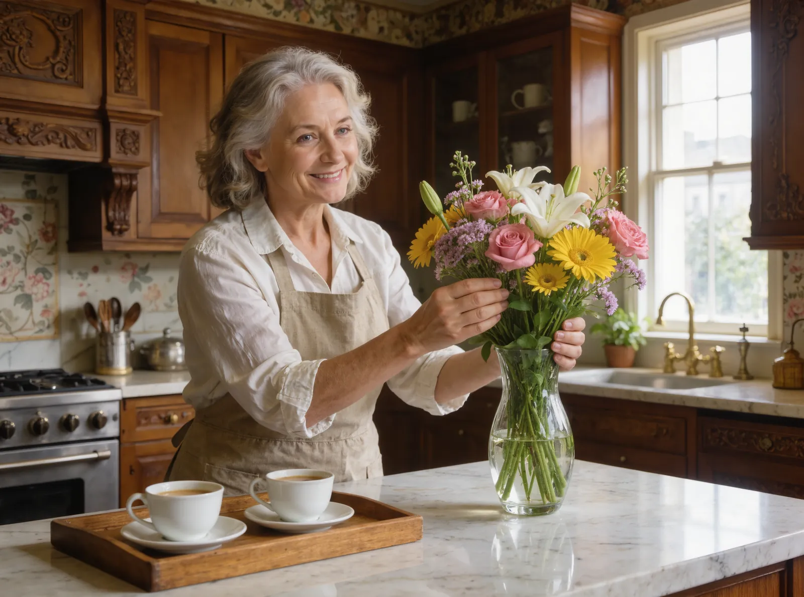 The innkeeper, a woman with silver curly hair in a linen apron, arranging flowers at the kitchen island beside a tray of coffee cups