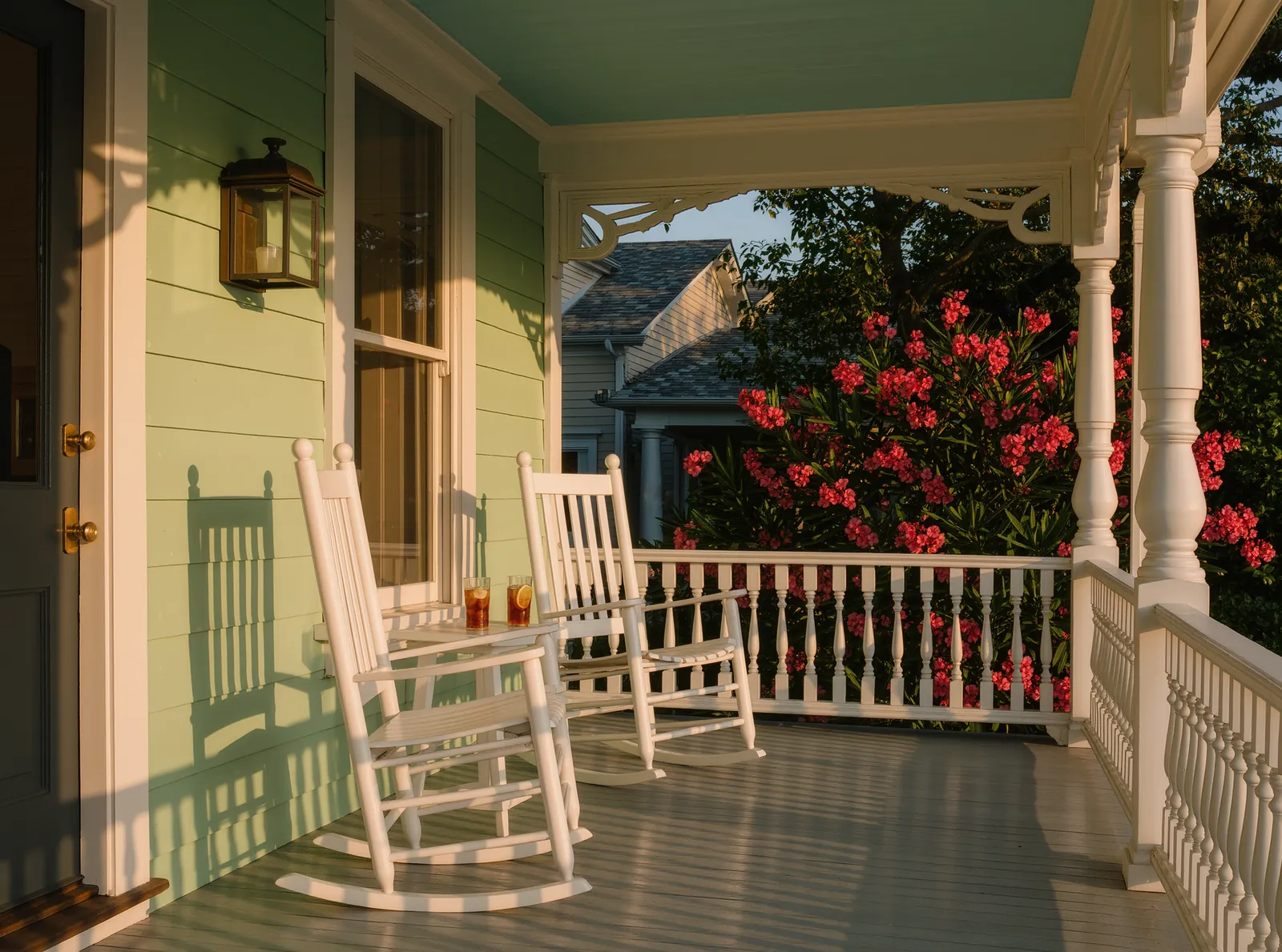 Two white rocking chairs on the gallery porch at golden hour, with iced tea on a small table and pink flowers beyond the railing
