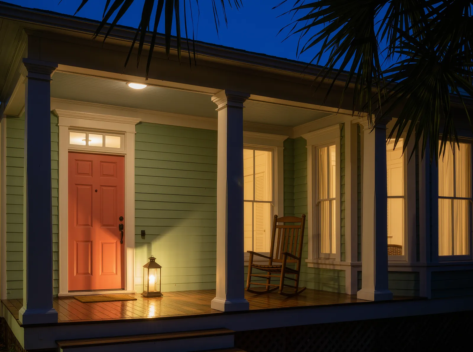 A porch at night, with a lit lantern beside a coral door and warm light in the tall windows
