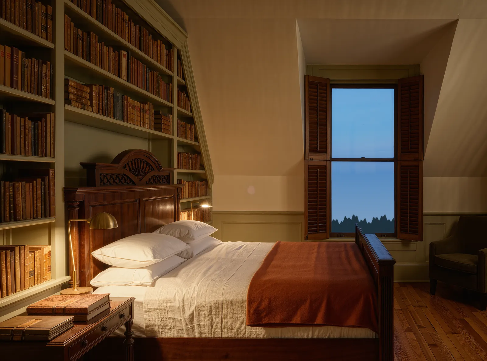 A bedroom in evening lamplight with a carved walnut bed, a wall of shelves filled with old books, and a shuttered window at dusk