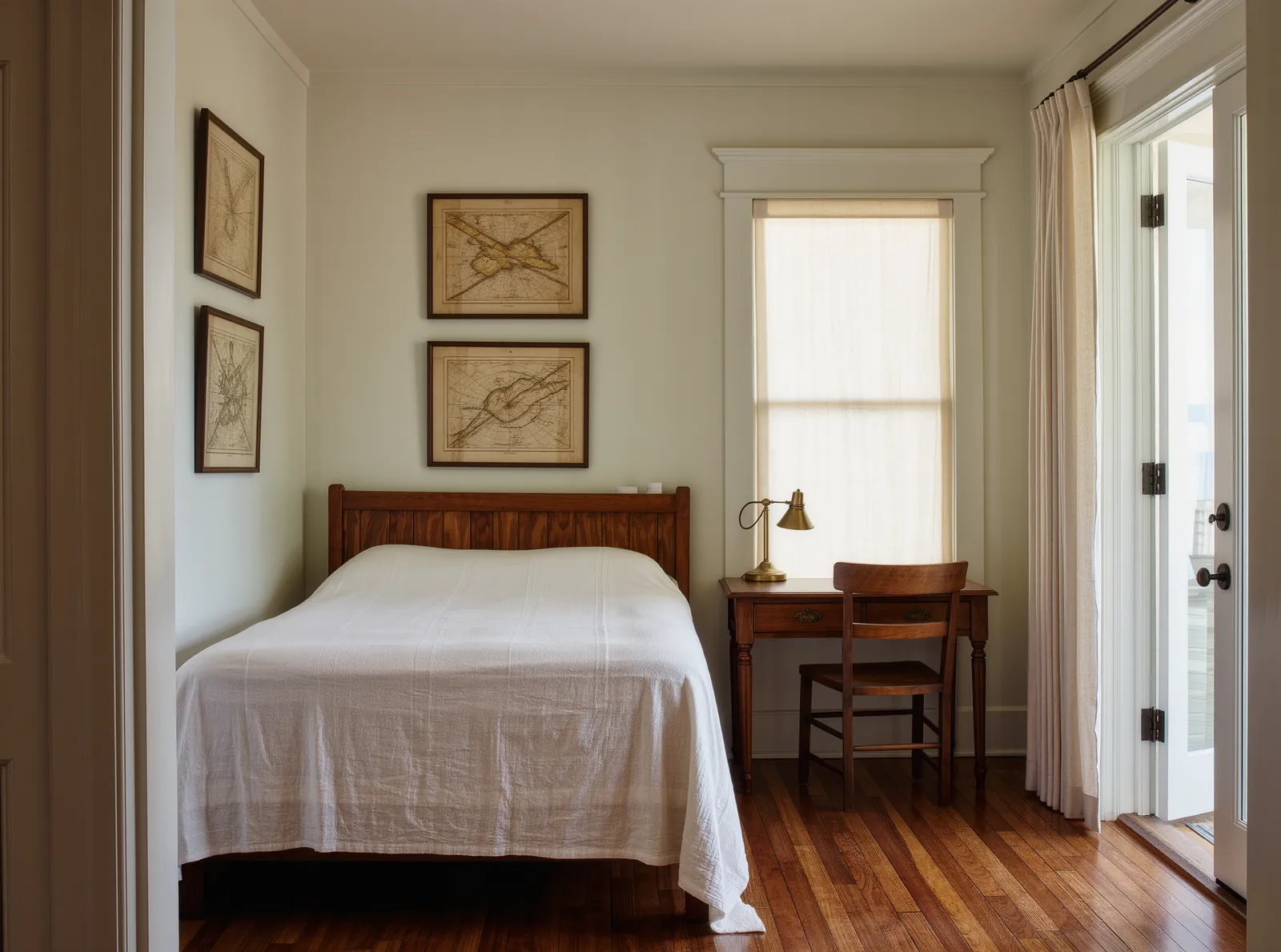 A ground floor bedroom with an oak bed in white linen, framed chart prints on the wall, a writing desk with a brass lamp and a glass door open to the side porch