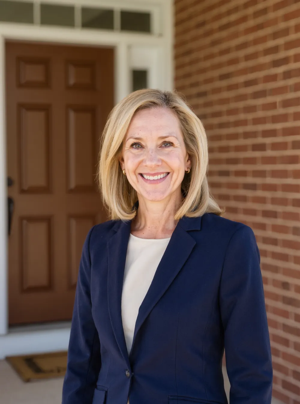 Ilsa Brandvold, managing broker, on the front porch of a brick home