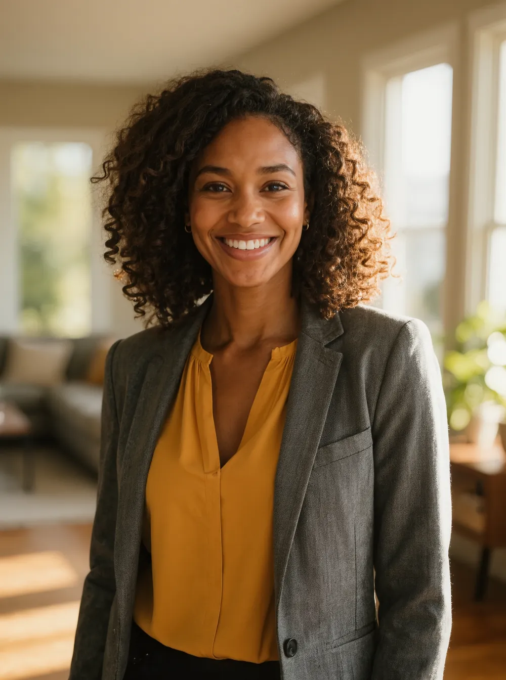 Nia Abernethy, listing agent, in a sunlit living room
