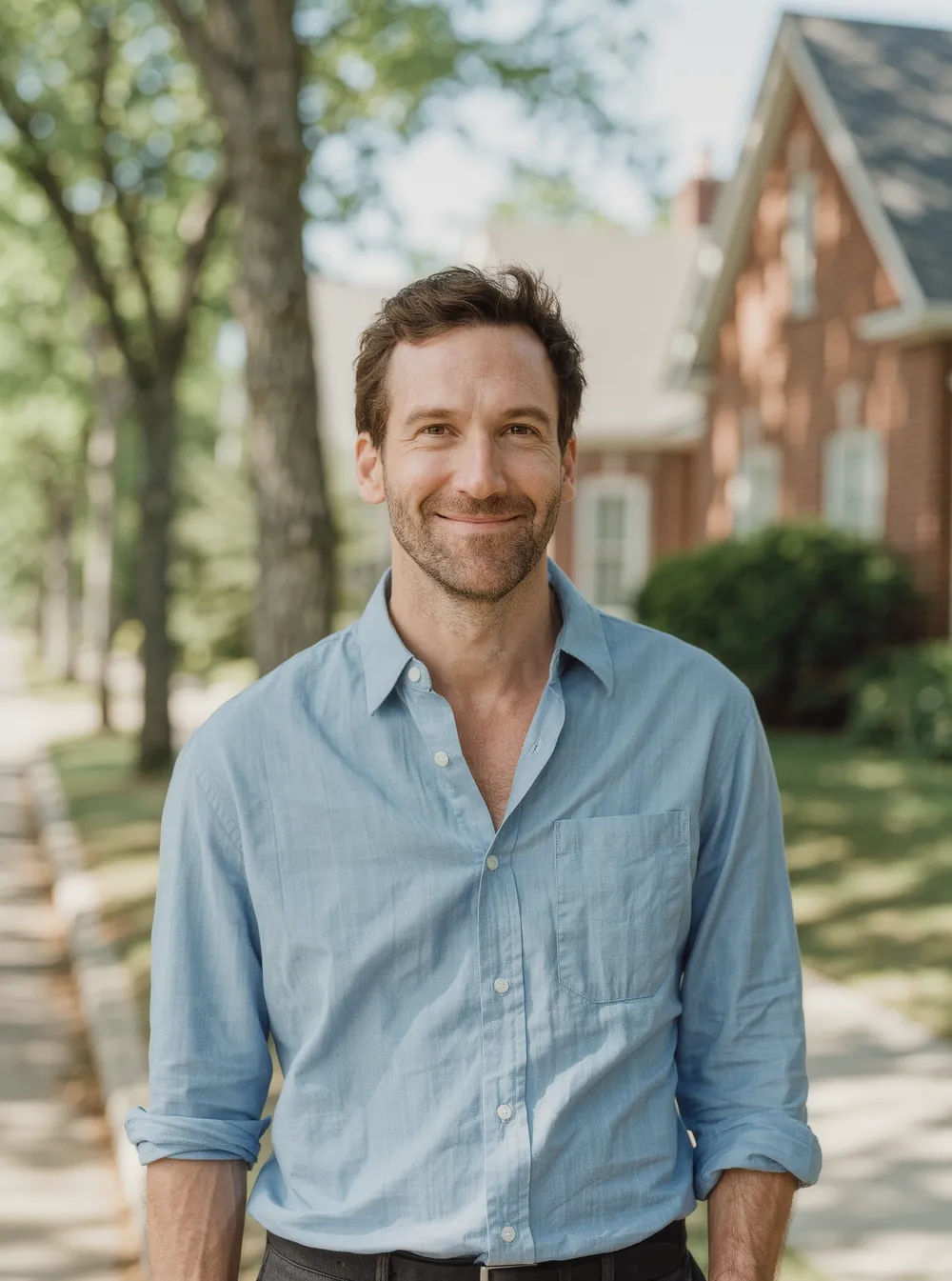 Tobias Hallgren, buyer's agent, on a tree lined Denver sidewalk