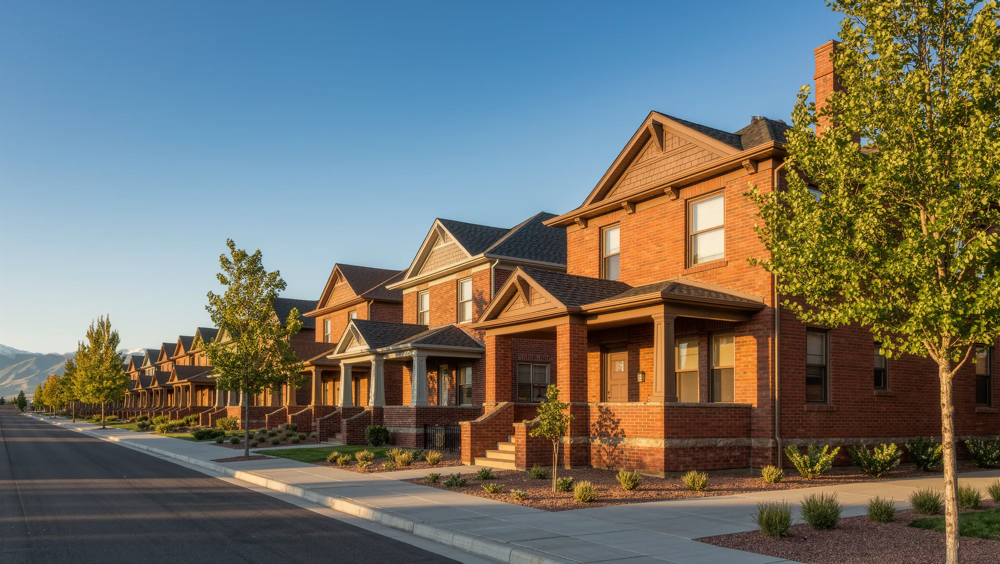 A row of red brick homes with front porches on a Denver street at golden hour, with the Front Range in the distance