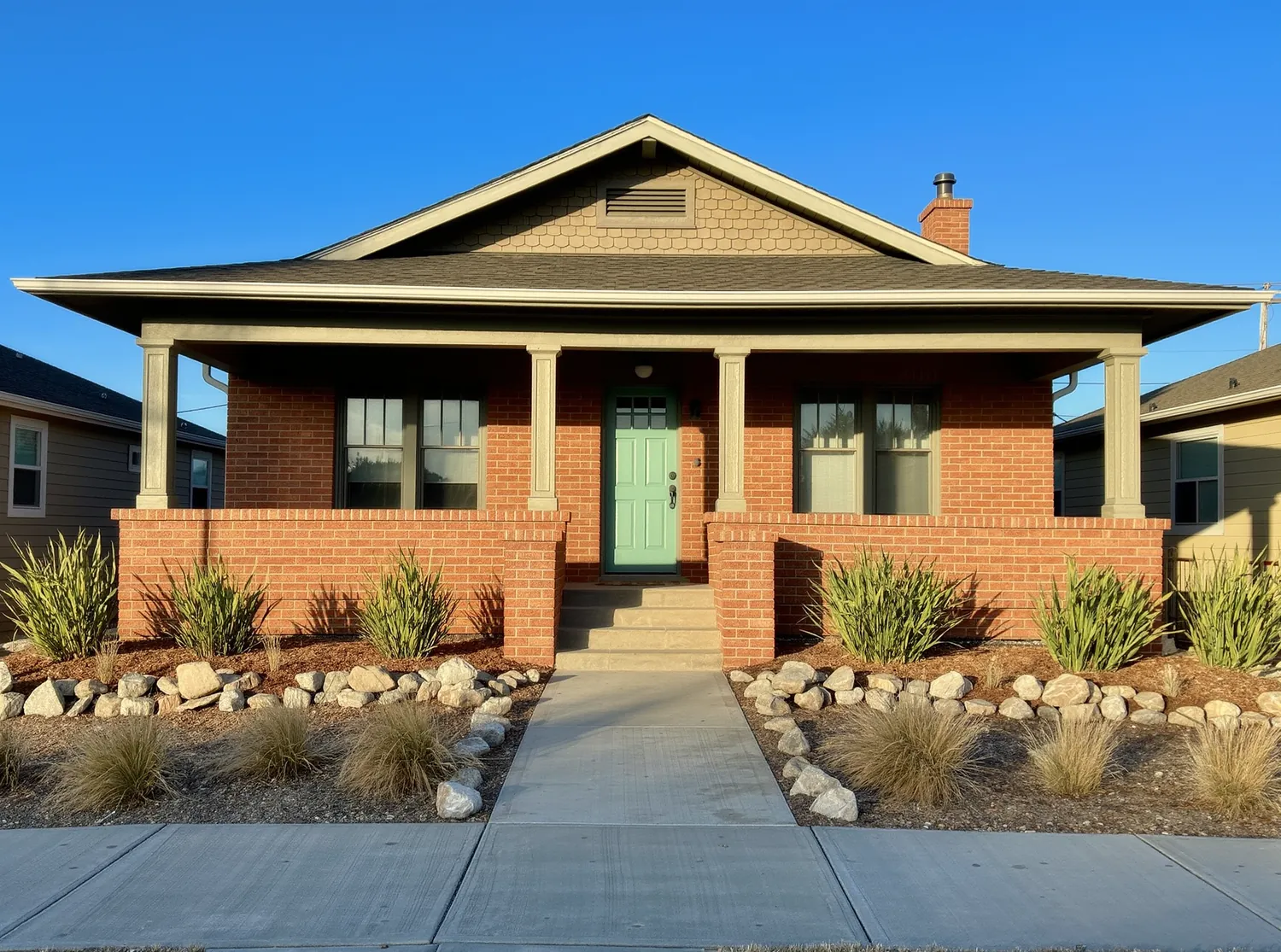 A brick craftsman bungalow with a covered front porch, a sage green door and a low water front garden