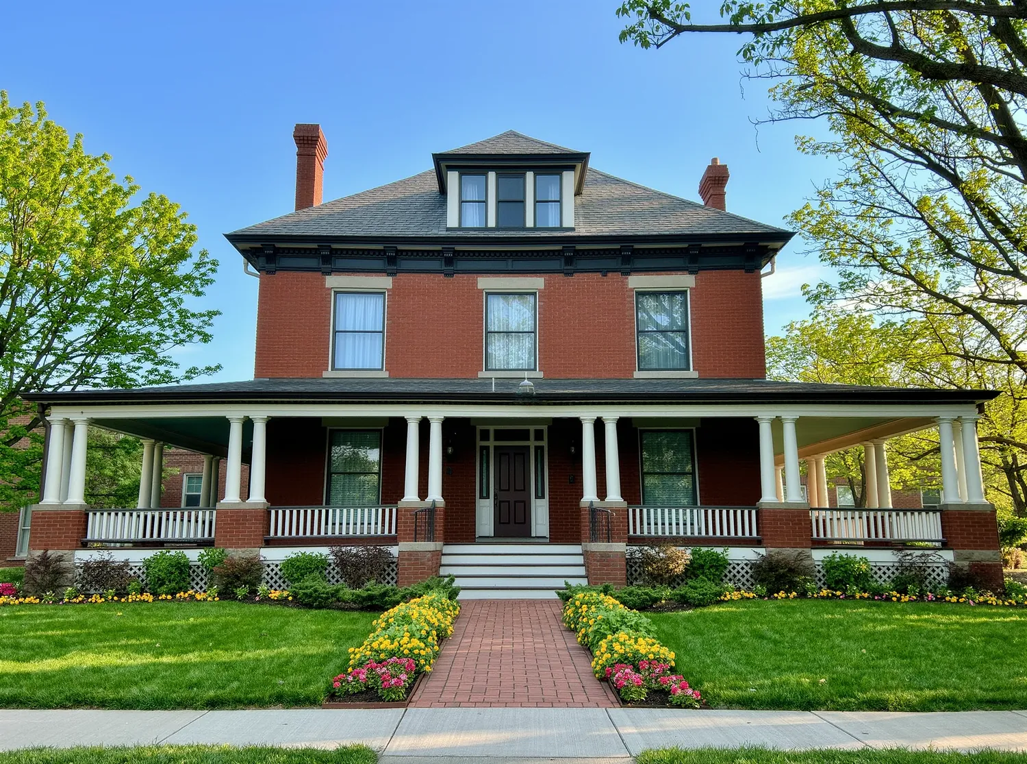 A restored red brick Denver Square home with a full width front porch, white columns and a brick walkway