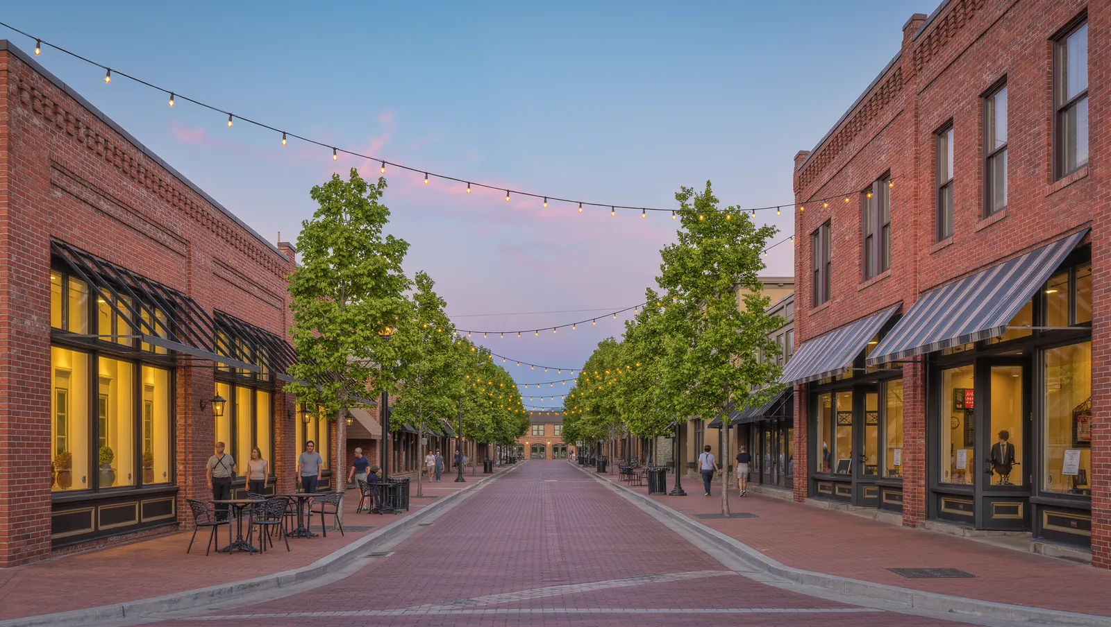 A neighborhood main street at dusk with brick storefronts, cafe tables and string lights