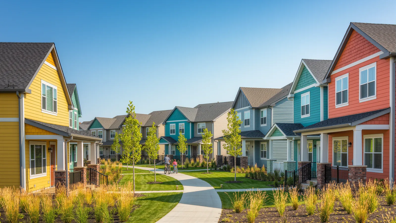 Colorful two story homes with front porches facing a shared green and a winding greenway path