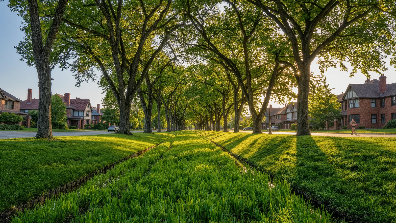 A broad grassy parkway under tall elm trees with brick Tudor homes set back on wide lawns