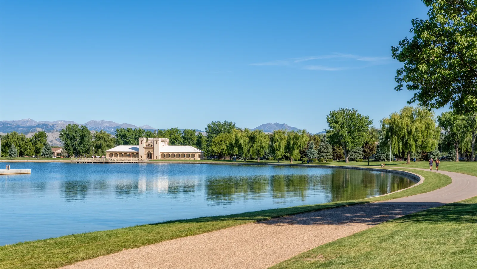 A calm lake ringed by a gravel path and cottonwood trees, with a white boathouse pavilion on the far shore