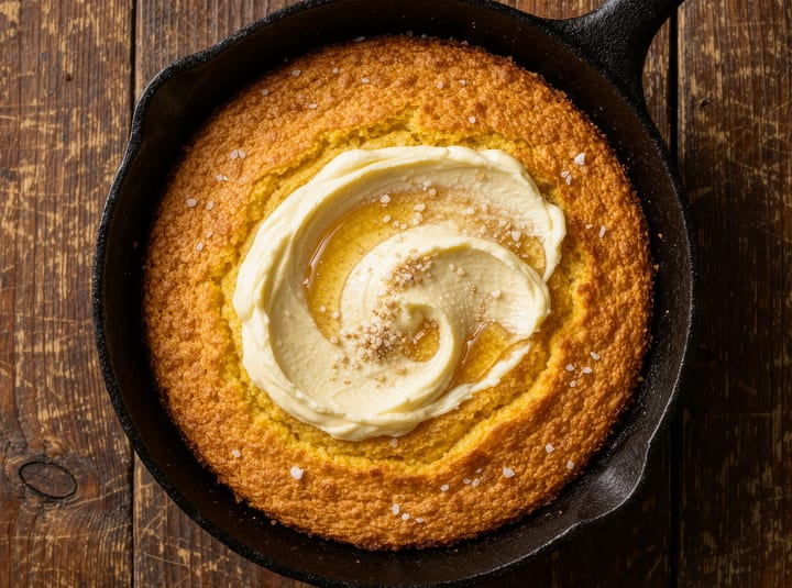 A round of cornbread baked in a cast iron skillet, topped with a swirl of whipped honey butter and flaked sea salt.